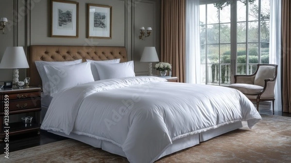 Fototapeta Elegant bedroom with white bedding in well-lit room featuring wooden furniture and large window