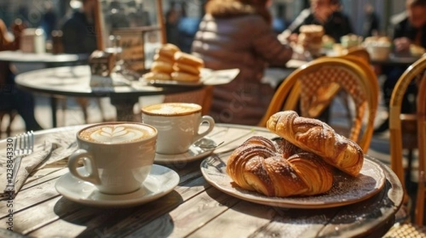 Fototapeta A street cafÃ© in Paris with people enjoying pastries and coffee.