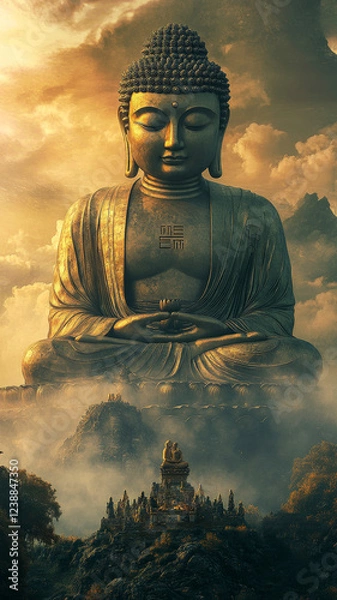 Fototapeta Majestic Buddha Statue in Misty Mountains with Golden Light – Serene and Mystical Scene