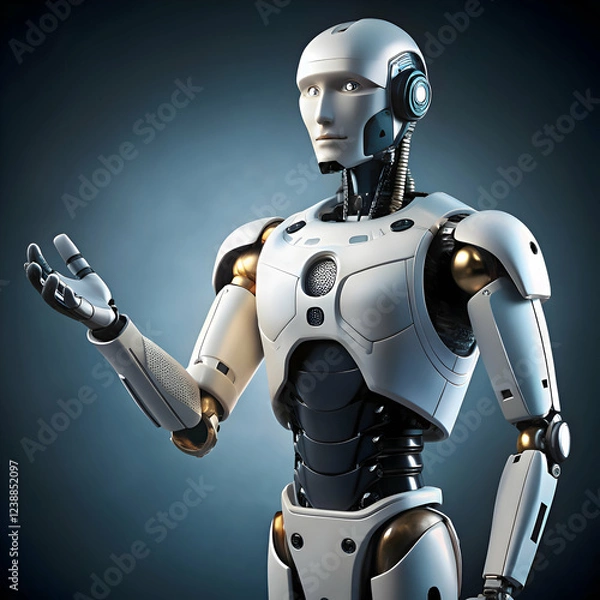 Fototapeta Advanced humanoid robot presenting technology innovation future 3d gold grey dark model white design
