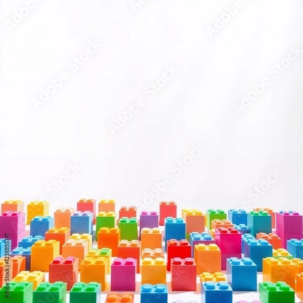 Obraz Volumetric lighting from above, illuminating a grid of colorful foam construction blocks. The blocks cast no shadows against a bright white background