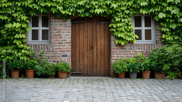 Fototapeta Ivy-covered brick building entrance, cobblestone courtyard, potted plants, tranquil background; ideal for architecture or travel websites