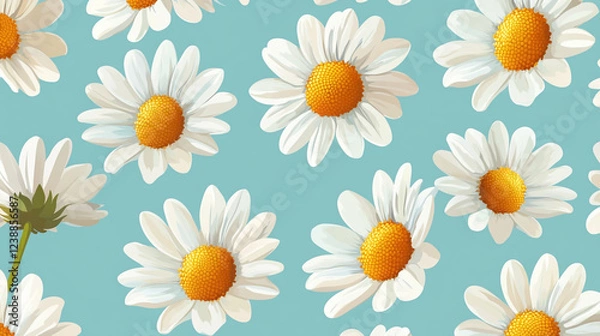 Fototapeta A pattern of white daisies with yellow centers on a light blue background. The daisies are scattered across the image, creating a cheerful and bright floral design.
