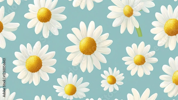 Fototapeta A pattern of white daisies with yellow centers on a light blue background. The daisies are scattered across the image, creating a cheerful and bright floral design.

