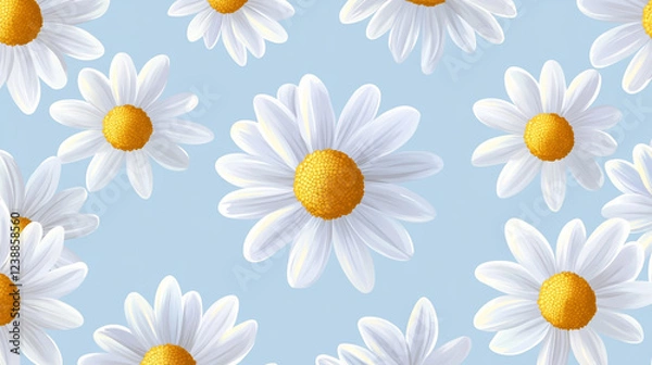 Fototapeta A pattern of white daisies with yellow centers on a light blue background. The daisies are scattered across the image, creating a cheerful and bright floral design.
