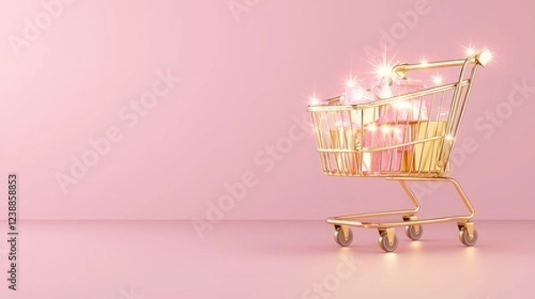 Fototapeta A golden shopping cart filled with pastel items shines against a soft pink background, creating a whimsical, festive atmosphere.