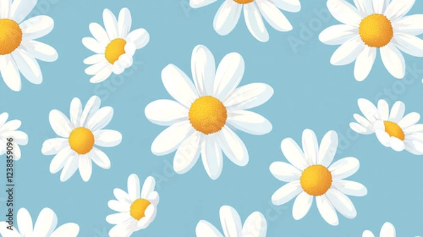 Fototapeta A pattern of white daisies with yellow centers on a light blue background. The daisies are scattered across the image, creating a cheerful and bright floral design.
