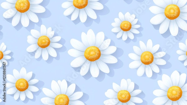 Fototapeta A pattern of white daisies with yellow centers on a light blue background. The daisies are scattered across the image, creating a cheerful and bright floral design.
