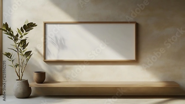 Fototapeta White mockup in a beige wooden frame hanging on a roomy, uncluttered wall.
