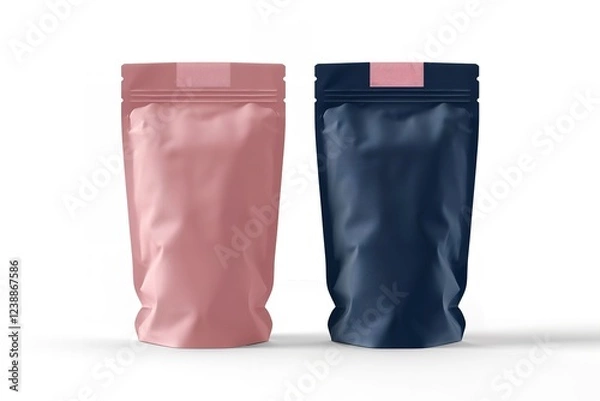 Fototapeta Doypack isolated on a white background, coffee bag packaging in navy and pink, and product packaging mockup design, Generative AI.