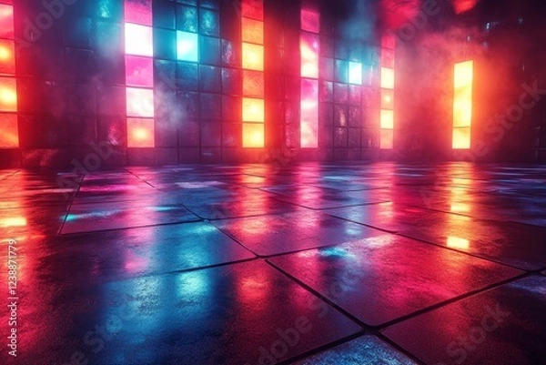 Fototapeta Neon lights reflect on wet floor, futuristic club background