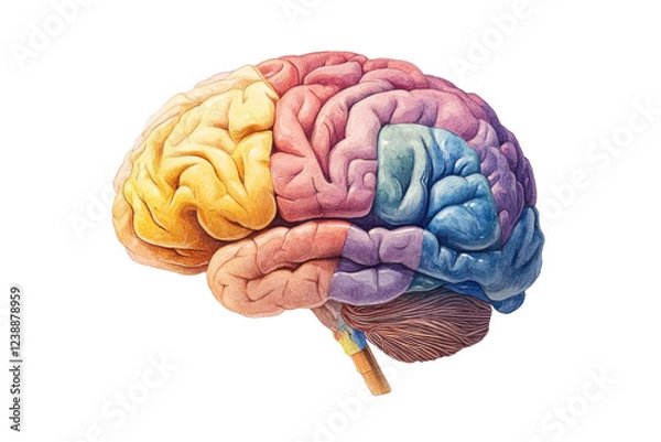 Fototapeta A colorful anatomical representation of the human brain divided into different regions, highlighting its intricate structure and complexity