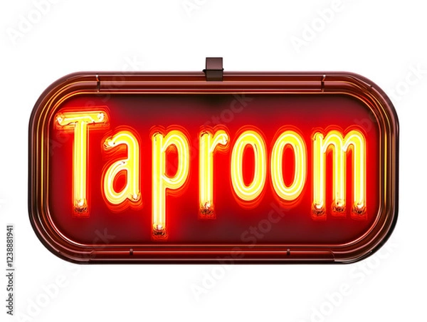Fototapeta Classic red neon sign with the word "Taproom" illuminating in a bright yellow glow, evoking a vintage feel of a cozy bar or pub, isolated on transparent background, PNG, cut out