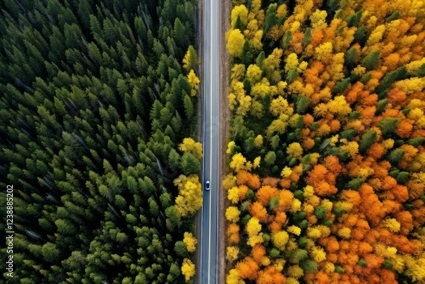 Fototapeta Aerial view of a car driving on a scenic road that divides an evergreen forest and an autumnal forest