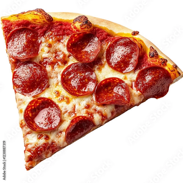 Fototapeta Slice of pepperoni pizza topped with melted cheese and a crispy crust on a plain background