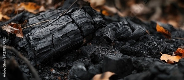 Fototapeta Close-up of burned wood and ashes with fallen leaves in forest setting