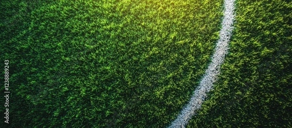 Fototapeta Close-up of Football Field Grass with White Line Under Sunlight