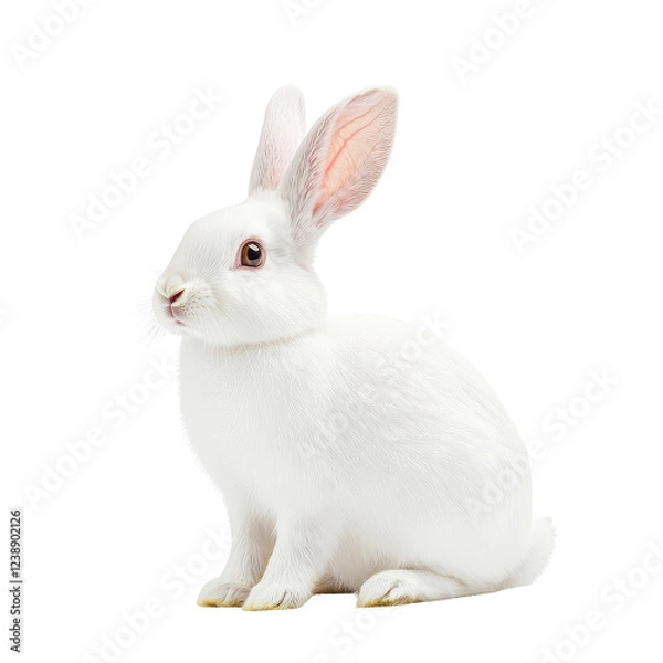 Fototapeta A fluffy white rabbit sitting gracefully, showcasing its soft fur and expressive ears.