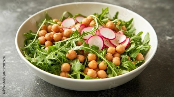 Fototapeta Bowl of fresh arugula salad with chickpeas and sliced radishes on a grey background