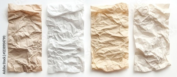 Fototapeta Four sheets of crumpled paper in brown and beige tones arranged on white background