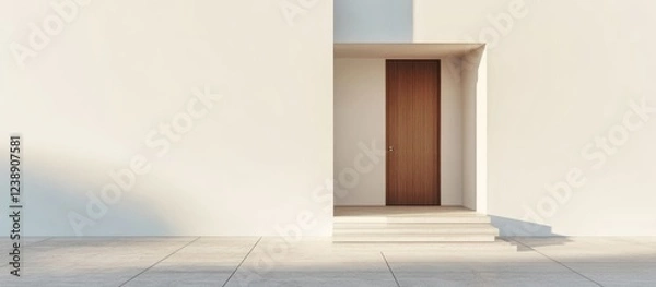 Obraz Minimalist modern entrance with wooden door and shadows on beige facade