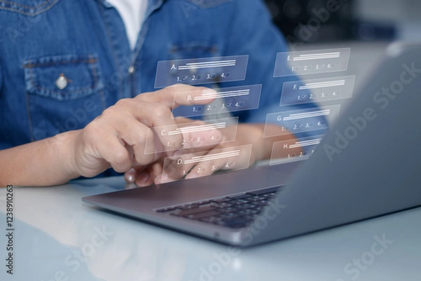 Fototapeta Man using finger to select the most correct answer for an online exam or test on laptop screen, concept of assessment with education test for distance learning students using internet technology