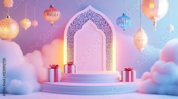 Fototapeta A whimsical, colorful scene featuring a decorative archway, floating lanterns, clouds, and gift boxes, creating a magical atmosphere.