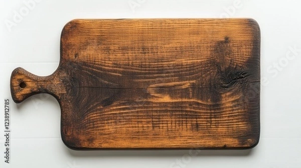Fototapeta rustic weathered wooden serving board with rich grain patterns photographed from above on clean white surface with soft shadows