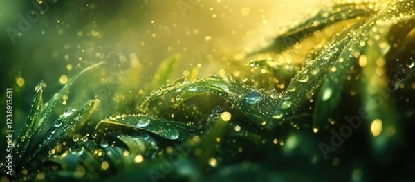 Obraz Close-up of Dew-Covered Green Foliage with Sunlight Filtered through Trees and Soft Focus Bokeh Effects