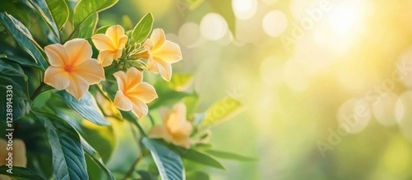 Fototapeta Yellow flowers on leafy branches in sunlight with blurred garden background and copy space