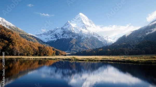 Fototapeta Majestic snow-capped mountain reflected in calm autumn lake (1)