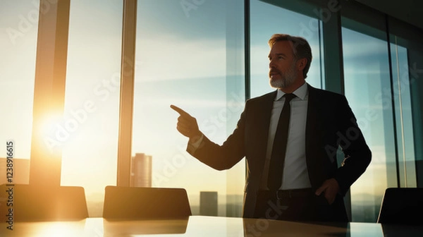 Fototapeta A confident man in a suit stands in a sunlit office, pointing outwards, capturing a moment of decisive leadership and vision.