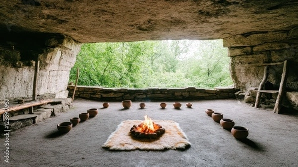 Obraz Ancient cave setting with fire and pottery.