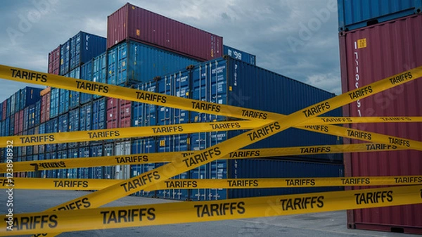 Fototapeta American tariffs. Cargo Containers in Port with Yellow 'TARIFFS' Caution Tapes and American Flag Design, Overcast Sky Background. Conceptual image of tariffs