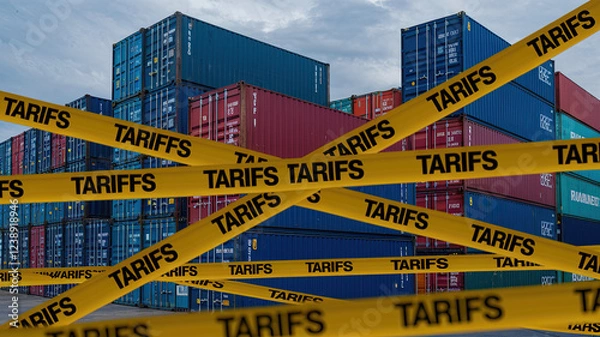 Fototapeta American tariffs. Cargo Containers in Port with Yellow 'TARIFFS' Caution Tapes and American Flag Design, Overcast Sky Background. Conceptual image of tariffs