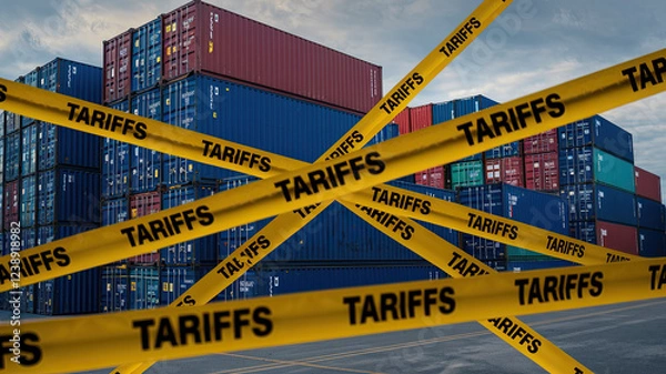 Fototapeta American tariffs. Cargo Containers in Port with Yellow 'TARIFFS' Caution Tapes and American Flag Design, Overcast Sky Background. Conceptual image of tariffs