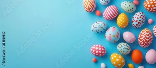 Fototapeta Colorful decorated Easter eggs on blue background with copy space