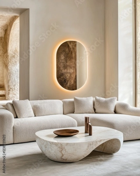 Fototapeta Levanto style living room, oversized cream boucle sofa, soft gradient wall from warm beige to deep sand, sculptural marble coffee table, warm indirect