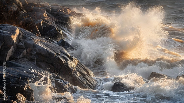 Fototapeta The ocean is rough and the waves are crashing against the rocks.