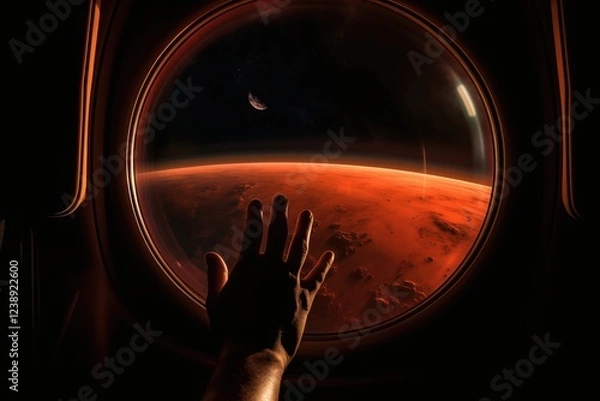 Fototapeta Mars landscape seen through spaceship window illuminator with astronaut hand touching the glass. Concept of extraterrestrial journey space exploration, conveys sense of otherworldly beauty and wonder