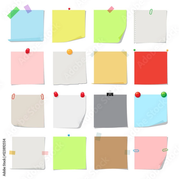 Fototapeta Note paper set. Vector notes, post memo papers isolated on white background