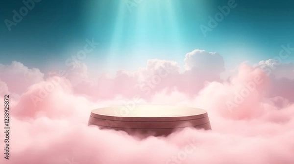 Fototapeta Floating futuristic platform in pink cloudscape with glowing beams of light and surreal atmosphere