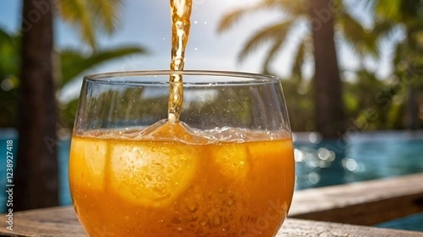 Fototapeta Glass of freshly poured apple juice with ice cubes and apple garnish, a vibrant and crisp drink.