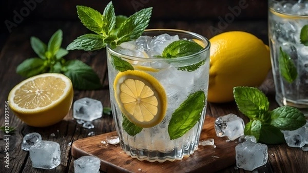 Fototapeta Glass of lemon mint water with ice cubes served on a wooden table, a refreshing citrus beverage.
