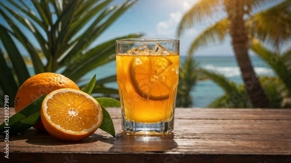 Fototapeta Glass of fresh orange juice served on a wooden table with a tropical beach background.