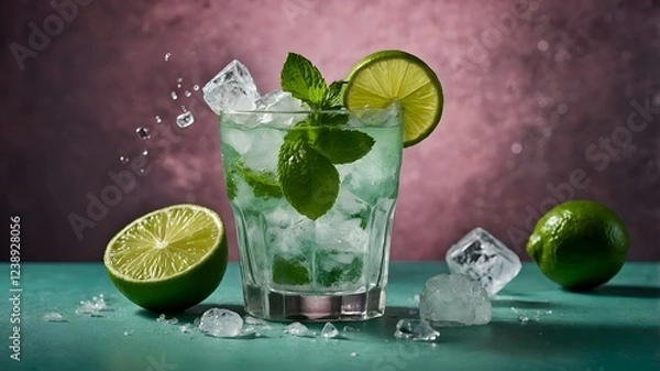 Fototapeta Mojito cocktail with lime slices, mint leaves, and ice cubes, served in a textured glass.