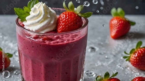 Fototapeta Strawberry smoothie topped with whipped cream and fresh strawberries, a delicious and refreshing dessert drink.
