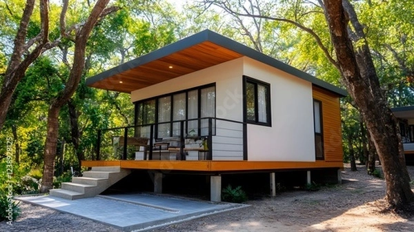 Fototapeta Modern Eco-Friendly House Built on Stilts Surrounded by Lush Tree Canopy