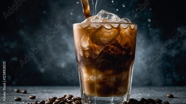 Fototapeta Steaming glass of iced coffee with swirling milk and scattered coffee beans, aromatic and refreshing drink.