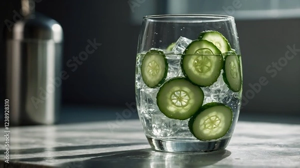 Fototapeta Glass of cucumber-infused water with ice cubes in natural lighting, a healthy detox beverage.